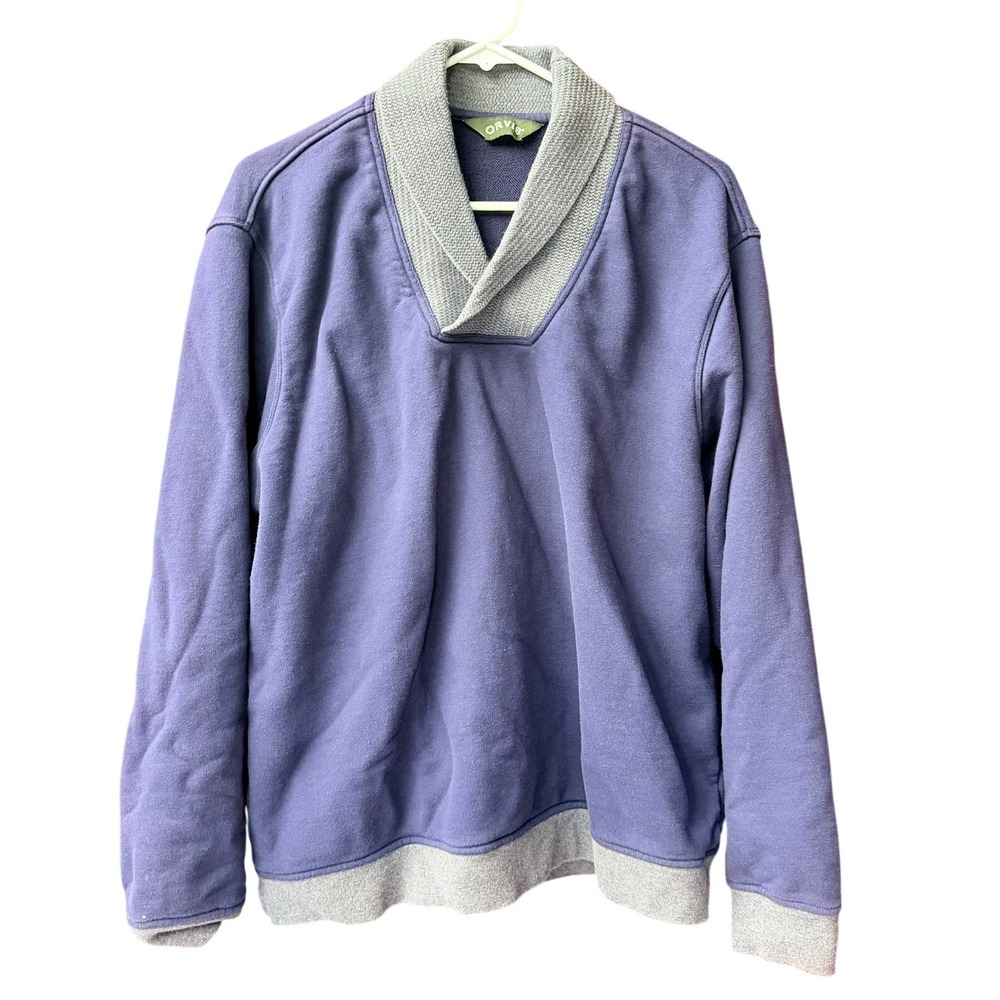Orvis Shawl Collar Sweatshirt Mens L Purple Blue Contrast Gray Trim Pullover‎